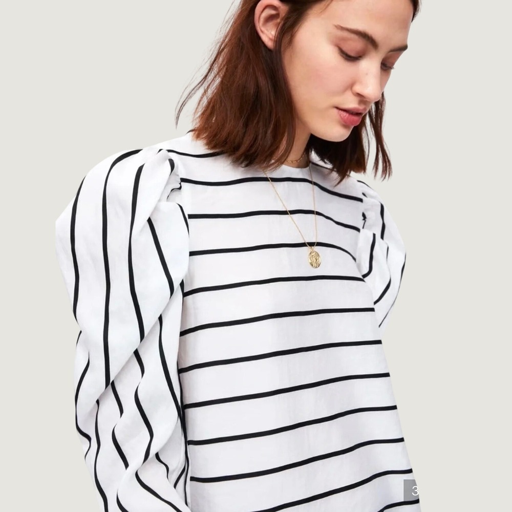 Zara Striped Puff Sleeve Blouse White Black Size Medium Cotton Blend Top
